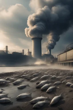 a nuke power plant with a lot of smoke in the sky by the river and show many dead fish and some animals are dead j