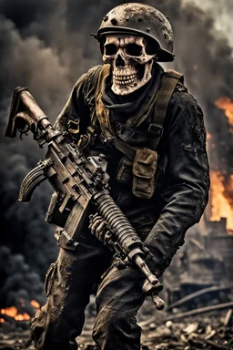 a scary looking skeleton, rising from the ashes, he was a war veteran, partially humanlike characteristics, army beret and ripped ammo wear, chaotic background, dramatic close-up action shot of him on a burned out war tanker a torpedo on shoulder -ready to fire ,gothic and chaotic background, 12k