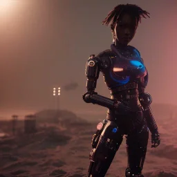 Cyberpunk robot, black girl, catch the katana, unreal engine 5, octane render,cinema4d, dynamic lighting, 8k, redshift render, highly, hyperrealism ultra detailed, hyper realistic.