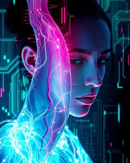 futuristic double exposure artwork where human features are fused directly with digital and technological elements like circuits, holograms, and data streams. For example, the veins in the arm could transform into glowing wires, or the face could dissolve into a grid of pixels. Avoid sharp outlines and instead use smooth transitions and overlapping textures to create a seamless blend. Use neon colors like electric blue, magenta, and green for a cyberpunk-inspired aesthetic. Style: sci-fi surreal