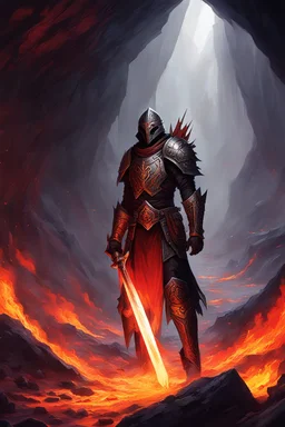 The warrior entered the cavern in hopes of finding the Sword of the Obsidian Flame. After defeating countless lava elementals, he finally finds one in the remains of a fallen foe.