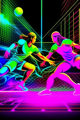 Two players in neon headbands and 80s sportswear diving for a shot in a brightly lit racquetball court. Style: Neon Art, Mood: Energetic and Futuristic (for its time), Lighting: Glowing neon fixtures, T-shirt design graphic, vector, contour, white background.