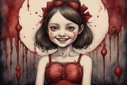 body anormal, smile blood, girl cute, watercolor illustration by <John Kenn Mortensen>, darkred tones,