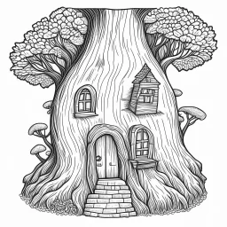 A fairy house carved inside a tree trunk, exact shape, real image, minimal lines, white back ground color, real style, realistic, minimalistic, minimal black line art, line art, crisp line art, unique coloring sheet, outlined, outline, crisp, crisp line edges, illustration, thin lines, crisp clear lines, line art, clean line art, unique, 8k, no colors, no dark color, no black color, avoid thick black, minimalistic line edges, pure white back ground,