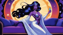 [dream by Bruce Timm] the woman genie with purple skin and opal shimmering eyes, emerges from the bottle with a grace and majesty. Her flowing silken robes, woven from threads of starlight and shadow, and her hair cascades in shimmering waves that catch the light in a dazzling display of otherworldly radiance. She stands in the small apartment, on the sofa