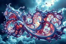 Dynamic complex hypnotic fractal 3D structures twisting and morphing between organic and geometric forms with horizontal Symmetry, smooth translucent iridescent glass with inner glow and bubbles, varied transparent materials, stormy skies, intense dramatic