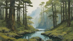 ink oil painting of an ancient rocky coastal forest of towering cedars , hung with drapery of lush moss, in the impressionist style of Childe Hassam, mixed with art nouveau, and abstract impressionism, and the comic art style of Jean-Giraud Moebius, precise and sharply defined edges, in subdued natural colors