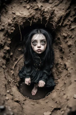 Closeup petit Girl goth with big eyes, fullbody, ragged clothes, extended like roots, the perspective looking up from the bottom of an empty well ,under mud and rats, 8k,macro photography,