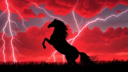 full silhouette of a horse rearing up(on right, facing left, outlined by lightning), red cloudy sky, lightning bolts(from top left, to bottom right), fantastic illustration