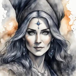 ink wash and watercolor etching of an epic medieval female sorceress , with highly detailed facial features ,in the style Ann Chernow, with a fine art aesthetic, highly detailed , realistic , 4k UHD cinegraphic quality