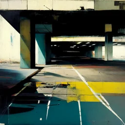 Minimal abstract oil paintings desolate 1960s carpark concrete fragments rough paint graffiti . style of Justin Mortimer and Francis Bacon. road markings.