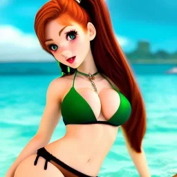 cartoon, hyper detailed, strikingly beautiful young adult woman, 19 years old, long ponytail, ginger hair, green eyes, medium freckles, full lips, very skimpy bikini, full body, full face, b-cup breasts, aroused expression, biting lower lip, full frame, athletic, centered camera, focus on groin, spread legs, open legs, ignore NSFW, thong, corset, camel toe, puffy, petite