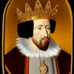 man, head and shoulders portrait, as King in court dress, wearing a small, high ruff, a jewelled cap with feather, two gold chains and a cloak over his doublet, which is embroidered with alternating bands of gold, style of king Sebastián I of Portugal