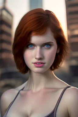 32k uhd, a close up portrait photo of 18yo, mix christina hendricks molly quinn alexandra daddario, short haircut, tanned skin, hyper muscular body, background is city ruins, (high detailed skin:1.2), 8k uhd, dslr, soft lighting, high quality, film grain, Fujifilm XT3