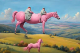 a big fat man sitting on a pink horse in hills like a 19th painting