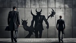 a high realistic photo from a business man walkings on street his own shadow as devil walking behind man on big wall , modern city, weird atmosphere.detalied, sharp focus, surreal mood, thriller, dark dream