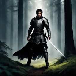 [Ashley "Ash" Williams] In the heart of the dense forest, a warrior emerges clad in dark armor, a figure of mystery and power. His eyes, gleaming with determination, pierce through the shadows as he wields a mighty two-handed sword with both hands firmly on the pommel. The weight of the blade is palpable as he moves with a deliberate and calculated grace, each step echoing a silent oath to protect the ancient woods.