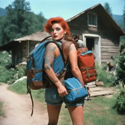 (high res photo by Russ Meyer) Clara, the tattooed free sprite, burdened with two backpacks, one on her back and one on her front. Is she moving from one house to another or embarking on a vacation to camp? Difficult to say. The constant pressure to keep those worlds coming. The weirder, the better. Mixing up the scenes. Too much coffee. The weight of the backpacks symbolizing the burdens she carries, both physically and metaphorically. Clara, a wandering nun of the gangs, seeking solace in the