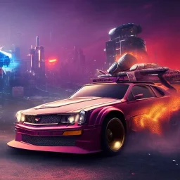 cyberpunk,landscape ,cars , GUITARS, cinamatic, highly detailed, close up, 4k , deep colours, gold , fire , red, purple,dark ,etheral , utopia , apocalypse, flying Cadillac, from outer space