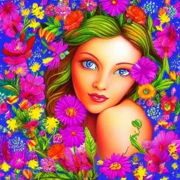 bright fairy, beautiful portrait, flowery landscape, cosmic atmosphere, perfect composition, 8k, super detailed, delicate flowers, complementary colours, intricate details, people