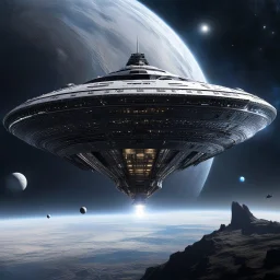 a colossal titanic spaceship gracefully navigating the vast expanse of space, looming close to a large grey planet. The massive vessel, adorned with sleek metallic hulls and intricate technological marvels, exudes a sense of awe-inspiring grandeur as it glides through the cosmic void. Against the backdrop of the imposing grey planet, the spaceship appears as a behemoth