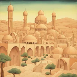 art by "Canan Berber", painting, landscape , Feigned The City with arches and domes, at Dawn, Illustration, Hopeless, 70s Science Fiction, Provia, overly complex style