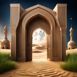 Hyper Realistic Photographic-Center-View of Detailed-Crafted-Islamic-Architectural-Arche-&-Door with stars & a-half-moon with grass-patches-whirling-on-sand-land showing dramatic & cinematic ambiance.