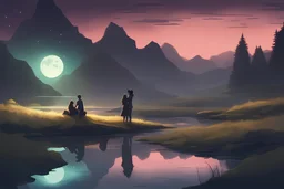 Concept art, Beautiful and romantic landscape at night, couple hugging each other