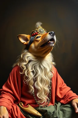 pin hole cam, master oil painting by Rembrandt,ohm ri shi lahkshmi super guru with lots followers looking like a salmon dog yoga guru