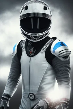 All Black racing suit AnnaSophia Robb, portrait, bright eyes, wearing high tech racing helmet, white smoke, dark, rage, sorrow, high definition, ultra 8 k, volumetric lighting, blue fire, fog