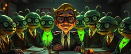 in the style of fallout 4, A close up portrait of one person in group of mutated glowing, cartoonish uranium creatures in a dimly lit boardroom, wearing tiny suits and glasses, with playful but slightly mischievous expressions. Their bodies emit a soft greenish glow. The room is filled with scattered papers, glowing vials, and miniature nuclear reactors. Style: whimsical digital illustration, cinematic lighting, colorful, slightly exaggerated features, playful yet mysterious atmosphere.