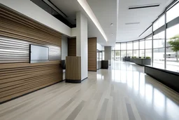 Diagnostic center walkthrough with wooden texture surrounding the white ceramic floors and furniture