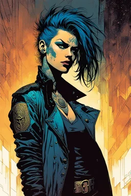 create a hardened, tattooed punk biker girl in the comic book art style of Mike Mignola, Bill Sienkiewicz and Jean Giraud Moebius, , highly detailed,, grainy, gritty textures, , dramatic natural lighting