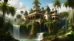 Un palacio estilo van vogh con palmeras jungle waterfall