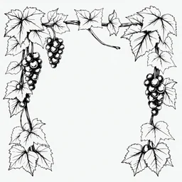 Black pen drawing of a square frame made with hanging grape bunches and raisins and vine leaves