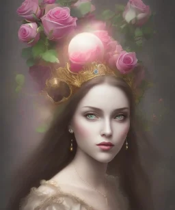 portrait borders Princess with big bobs long hairs black eyes no top inside sphere with roses