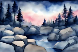 Night, trees, rocks, watercolor paintings