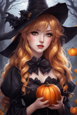 a girl in a witch costume holding a pumpkin, realistic cute girl painting, golden hair, cute anime girl portrait, gothic maiden anime girl, lovely dark autumn princess, school girl in gothic dress, beautiful necromancer girl, carlos ortega elizalde, kawaii realistic portrait, beautiful witch spooky female, portrait anime girl, anime girl wearing a black dress, beautiful female witch