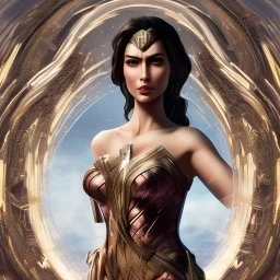 Wonder woman posing in front of a mirror, futuristic design, a paradise in background, close-up face, geometric armor, female face, 3d unreal engine, black face, close up armor, church detail, lovely face
