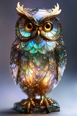 extremely delicate iridescent owl made of glass, sitting, video game style, translucent, tiny golden accents, beautifully and intricately detailed, ethereal glow, whimsical, art by Mschiffer, best quality, glass art, magical holographic glow\\n, Broken Glass effect, no background, stunning