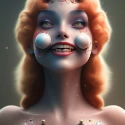 Ultra detailed very beautiful smileing clown girl,beautiful real skin, red nose, symmetrical, ultra detailed curl hair, soft lighting, ultra detailed face, concept art, circus, digital painting, octane render, art by artstation