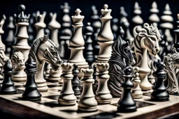 all chess pieces fantasy and mystic creatures heads and bodies are white and black, and they are arranged on the board in a way that suggests a game is in progress. stunning, intricate detail, sharp focus, intricate details, HDR, beautifully shot, hyperrealistic, sharp focus, 64 megapixels, perfect composition, high contrast, cinematic, atmospheric, moody