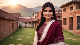 A photographic middle shot of a beautiful a young Pakistani pashto woman (age 25 with beautiful black hair and pretty eyes) in a beautiful traditional maroon & white checkered dress with white dupatta happily standing outside beautifully decorated village houses made bricks with long grass and mountains behind her at beautiful cloudy sunset with sun-rays on her face showing cinematic And dramatic ambiance.