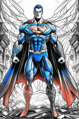 Realistic Outline Art Cinematic Lighting Superman.Advanced Batman High Resolution 3D Photo Cover Art With Witch Destroyed City Background Realistic Drawing Style Full Body Using Outline Mandala Style Clean Line Art Colorful Sky With Stars No Shadows Clear And Good