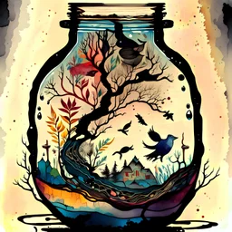 a world in a jar illustrating the cycle of seasons using a combination of Chinese ink painting, Native American art, African tribal art influences, colorful.