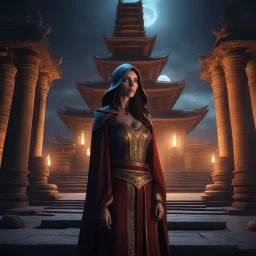 Portrait of a woman mage at night standing in front of an ancient temple in moonlight:: eye_level perspective :: dark :: 3d shading, extreme detail, 4k, ultra hd, mist