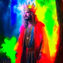 paint splatter, photorealism, a russian hippie king hovering in the underground grove glowing light, in the style of italian masters, 8k, down-light, soft light, depth of field, photo realism, trending on art station, high detail, smoke and fog