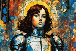 Create chaotic abstract cubist religious triptych depicting martyred Joan of Arc, with highly detailed facial features, in the style of Bill Sienkiewicz, Philippe Druillet, Gustav Klimt, and Jean Giraud Moebius, precisely drawn, colored and inked