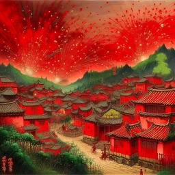 A red Chinese village with fireworks painted by Guo Xi