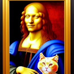 leonardo da vinci portrait of king donald trump,beautiful, curly orange hair, high definition, realistic, deepfake. Colors white, blue and red. Black background. holding a white cat.